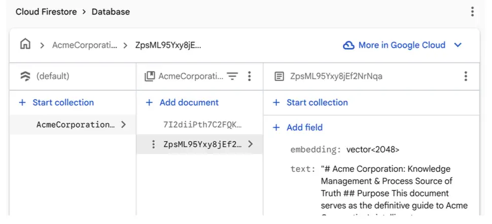 Un documento in Firestore con il relativo embedding vettoriale