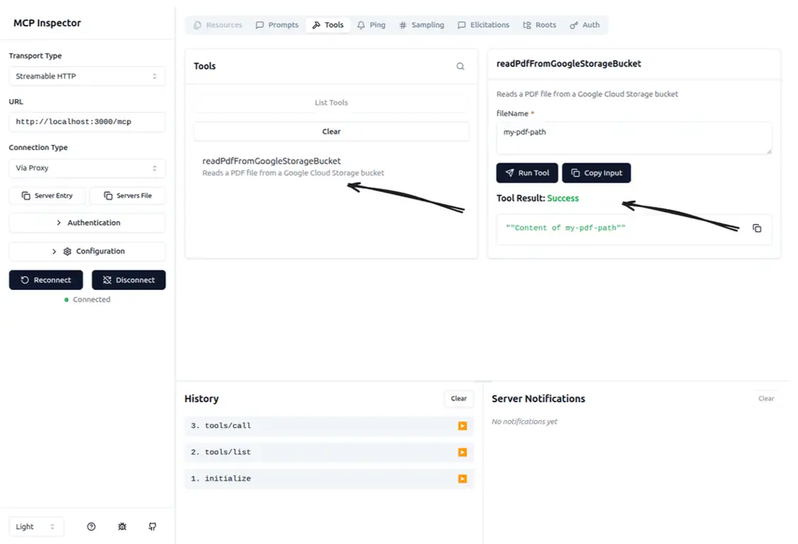 MCP Inspector collegato al nostro server per testare i tool esposti